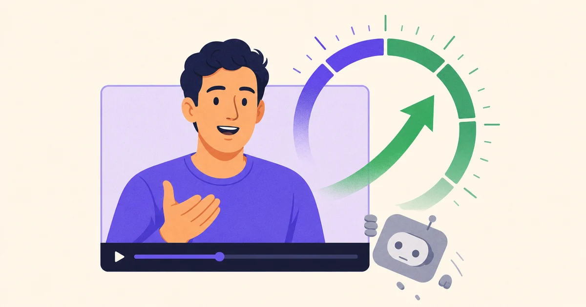 A person is shown inside a simple video player window with a measurement ring and upward arrow beside them, while a small gray AI badge falls away from the corner.
