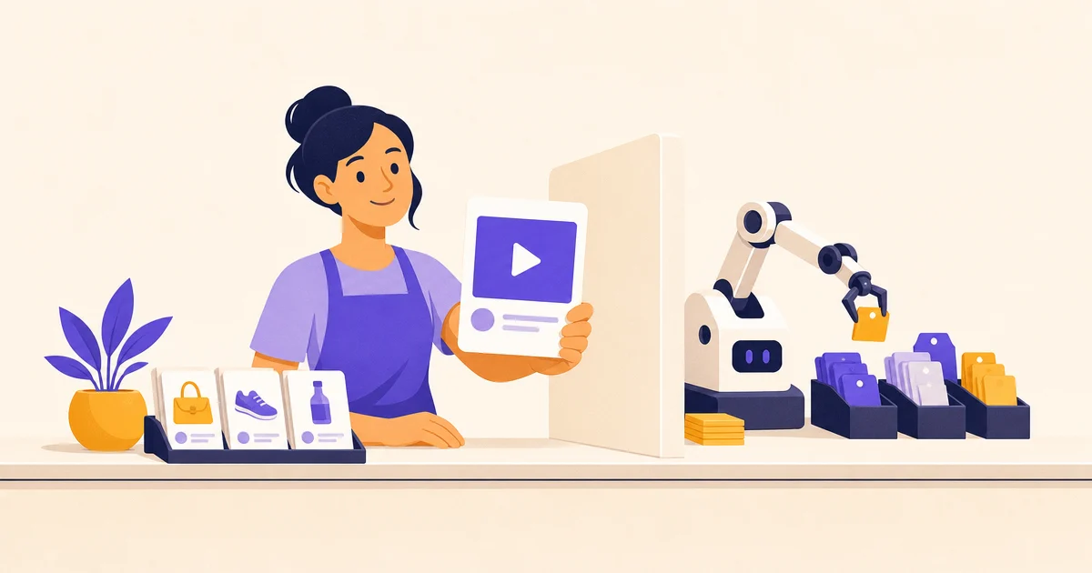 A shop assistant stands in front of a counter while a small robot arm sorts cards behind it.