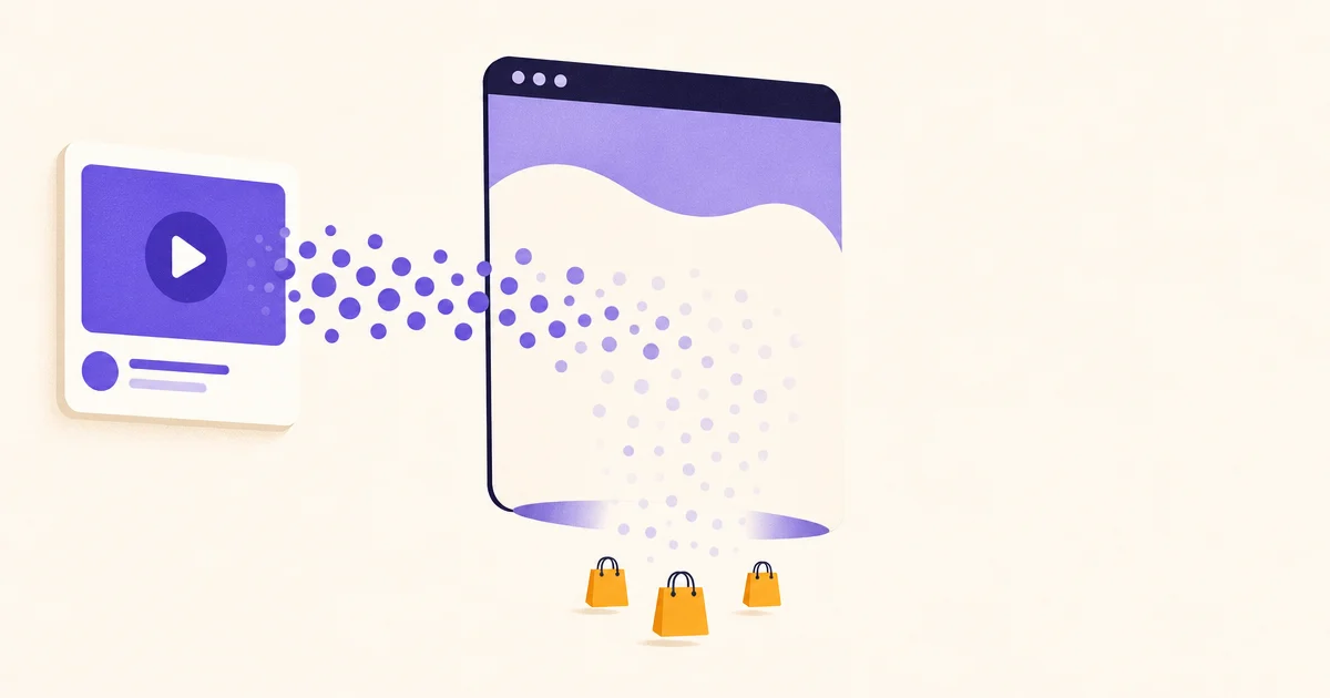 A simple ad card sends a stream of click dots into a landing page window, and only a few small shopping bags come out.