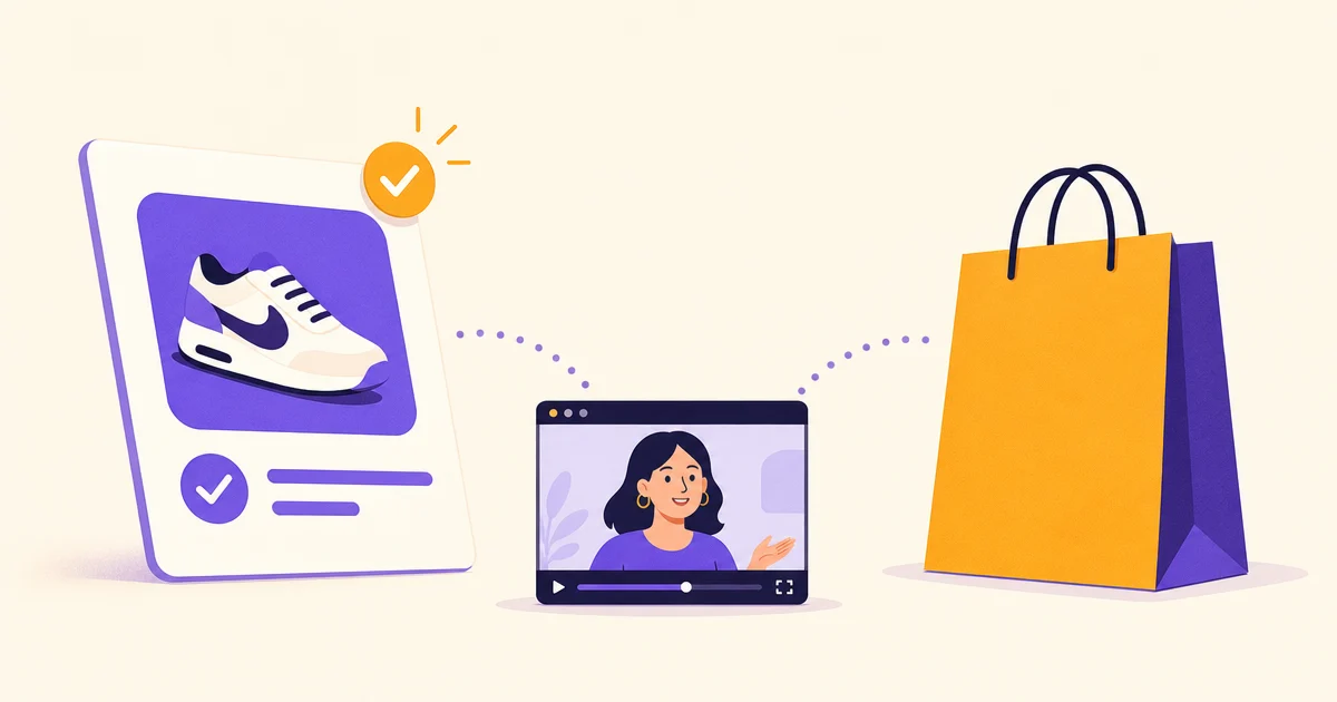 A quiz result card sits on the left, a shopping bag sits on the right, and a small video player window appears between them.