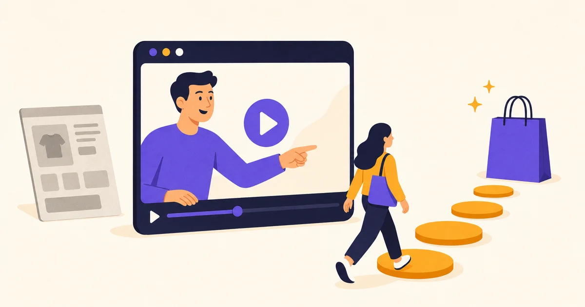 A video player window with a presenter points a shopper toward stepping stones leading to a shopping bag, while a grey page panel sits to the side.