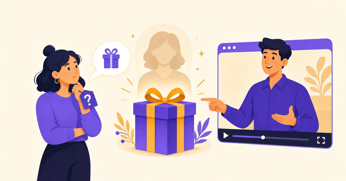 A shopper stands beside a wrapped gift box while a seller appears in a video player window and points to it.