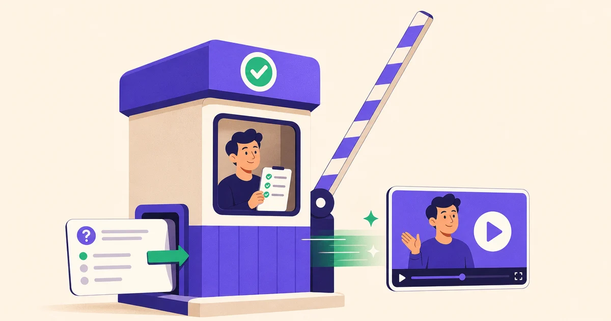 A tollbooth with a lifted barrier shows a quiz card sliding in and a small video player window coming out.