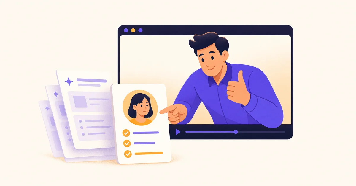 A stylized person in a video player window points at a profile card in front of the screen, with a small stack of AI-generated sheets beside it.