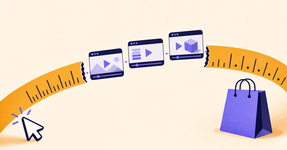 A curved measuring tape runs from a click icon to a shopping bag, with a gap in the middle bridged by three small video player frames.