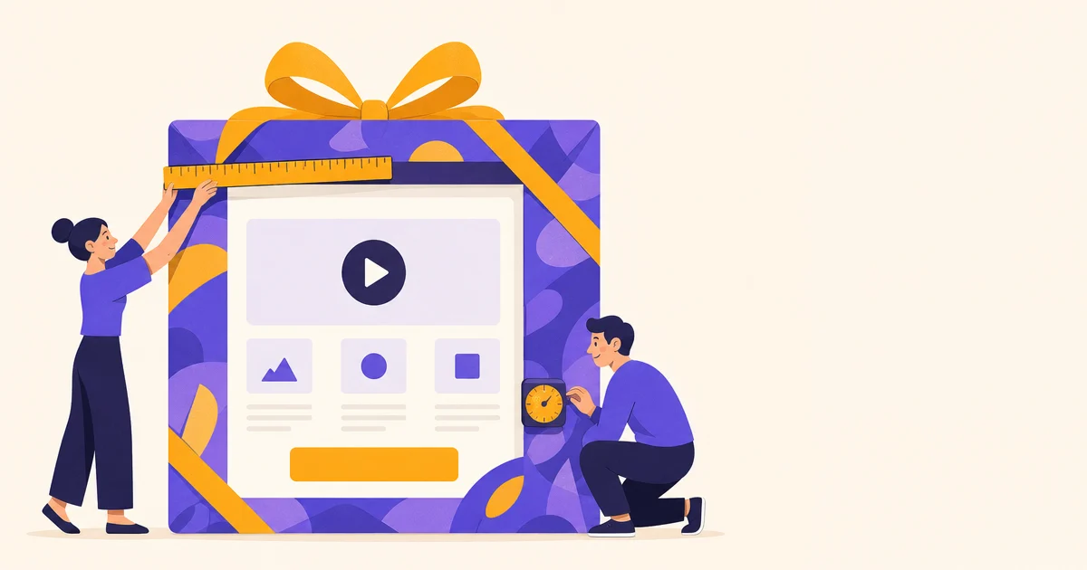 A landing page card is shown inside a colored outer sleeve with small measuring tools touching the outer layer.