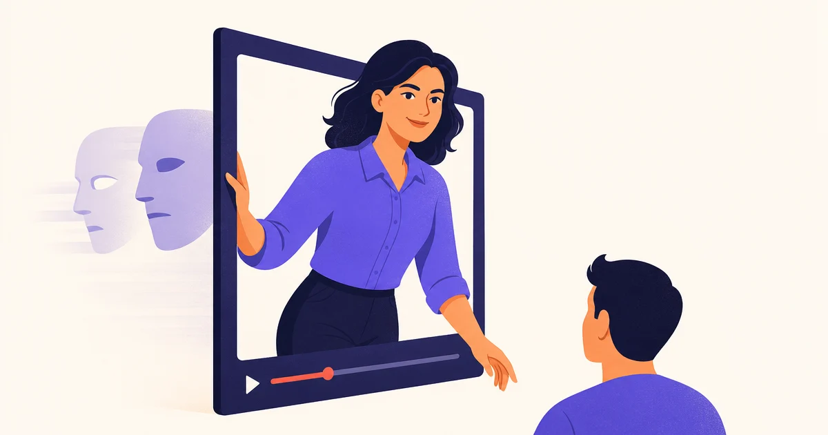 A person steps out of a video player frame while two faded mask-like faces drift behind them and a small customer avatar faces them.