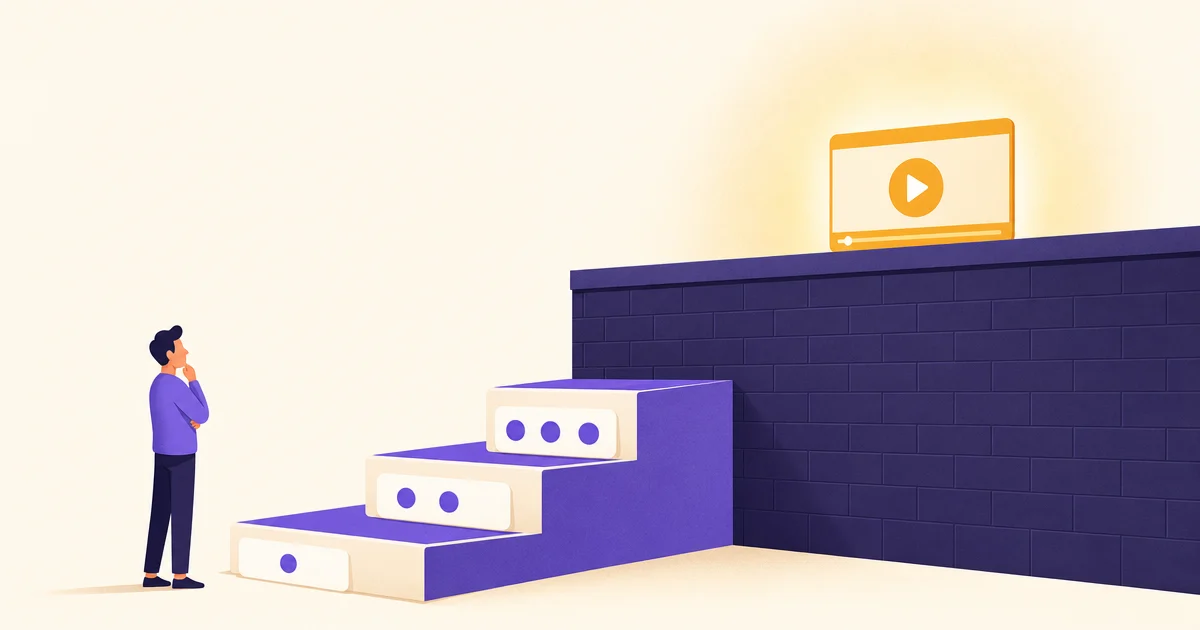A quiz card made of three answer tiles stops at a brick wall, with a small video player window visible above it.