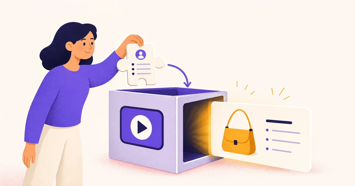 A stylized person drops a puzzle-piece card into an analysis box that opens into a video frame, and a matching result card comes out on the right.