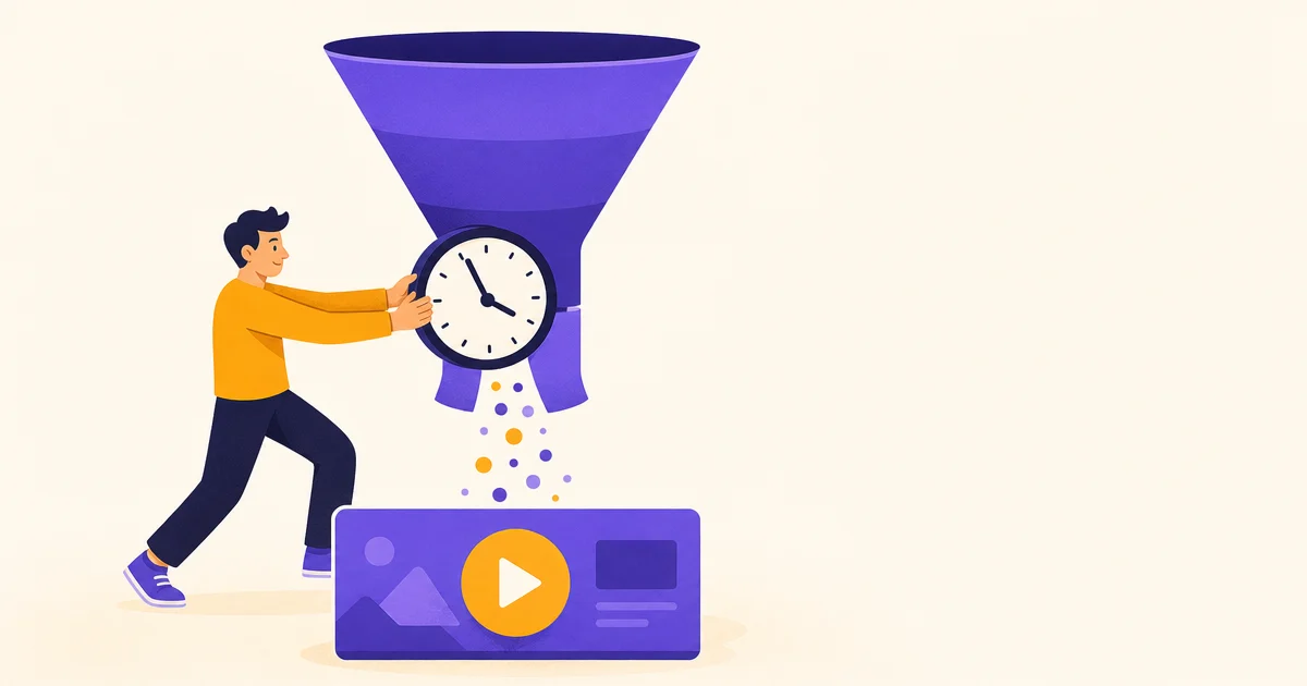 A funnel with a clock stuck in the middle and a hand pulling it out, while dots flow into a video player frame below.